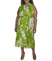 DKNY by Donna Karan Plus Size V-Neck Printed Fit and Flare Midi Dress