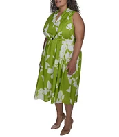 DKNY by Donna Karan Plus Size V-Neck Printed Fit and Flare Midi Dress