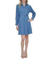 DKNY by Donna Karan Point Collar Long Sleeve Button Front Melange Washer Shirtdress
