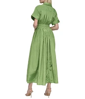 DKNY by Donna Karan Point Collar Neck Short Sleeve Cinch Waist Button Front Shirt Maxi Dress
