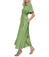 DKNY by Donna Karan Point Collar Neck Short Sleeve Cinch Waist Button Front Shirt Maxi Dress