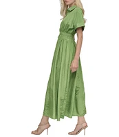 DKNY by Donna Karan Point Collar Neck Short Sleeve Cinch Waist Button Front Shirt Maxi Dress