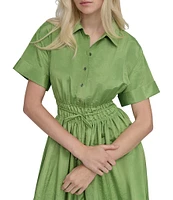 DKNY by Donna Karan Point Collar Neck Short Sleeve Cinch Waist Button Front Shirt Maxi Dress
