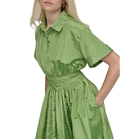 DKNY by Donna Karan Point Collar Neck Short Sleeve Cinch Waist Button Front Shirt Maxi Dress