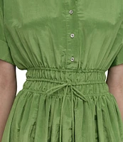 DKNY by Donna Karan Point Collar Neck Short Sleeve Cinch Waist Button Front Shirt Maxi Dress
