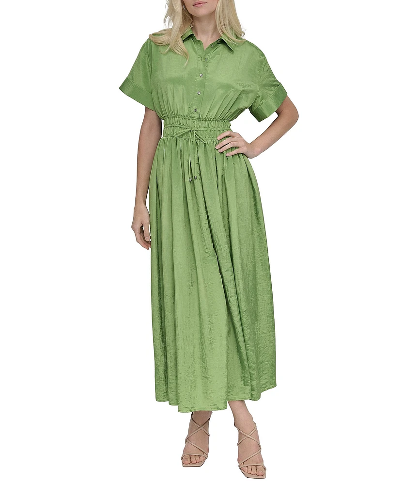 DKNY by Donna Karan Point Collar Neck Short Sleeve Cinch Waist Button Front Shirt Maxi Dress