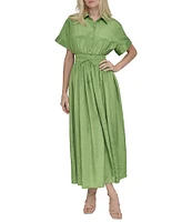 DKNY by Donna Karan Point Collar Neck Short Sleeve Cinch Waist Button Front Shirt Maxi Dress