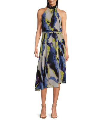 DKNY by Donna Karan Printed Chiffon Halter Neck Sleeveless A-Line Midi Dress