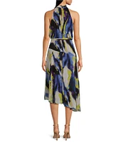 DKNY by Donna Karan Printed Chiffon Halter Neck Sleeveless A-Line Midi Dress