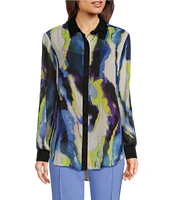 DKNY by Donna Karan Abstract Printed Chiffon Point Collar Long Sleeve Button Down Top