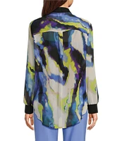 DKNY by Donna Karan Abstract Printed Chiffon Point Collar Long Sleeve Button Down Top