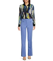 DKNY by Donna Karan Abstract Printed Chiffon Point Collar Long Sleeve Button Down Top