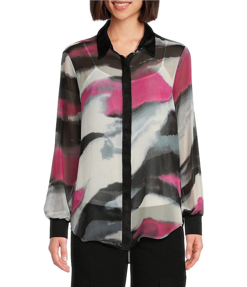 DKNY by Donna Karan Printed Chiffon Point Collar Long Sleeve Button Down Top