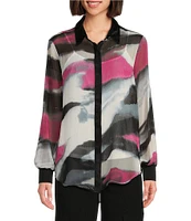 DKNY by Donna Karan Printed Chiffon Point Collar Long Sleeve Button Down Top