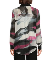 DKNY by Donna Karan Printed Chiffon Point Collar Long Sleeve Button Down Top