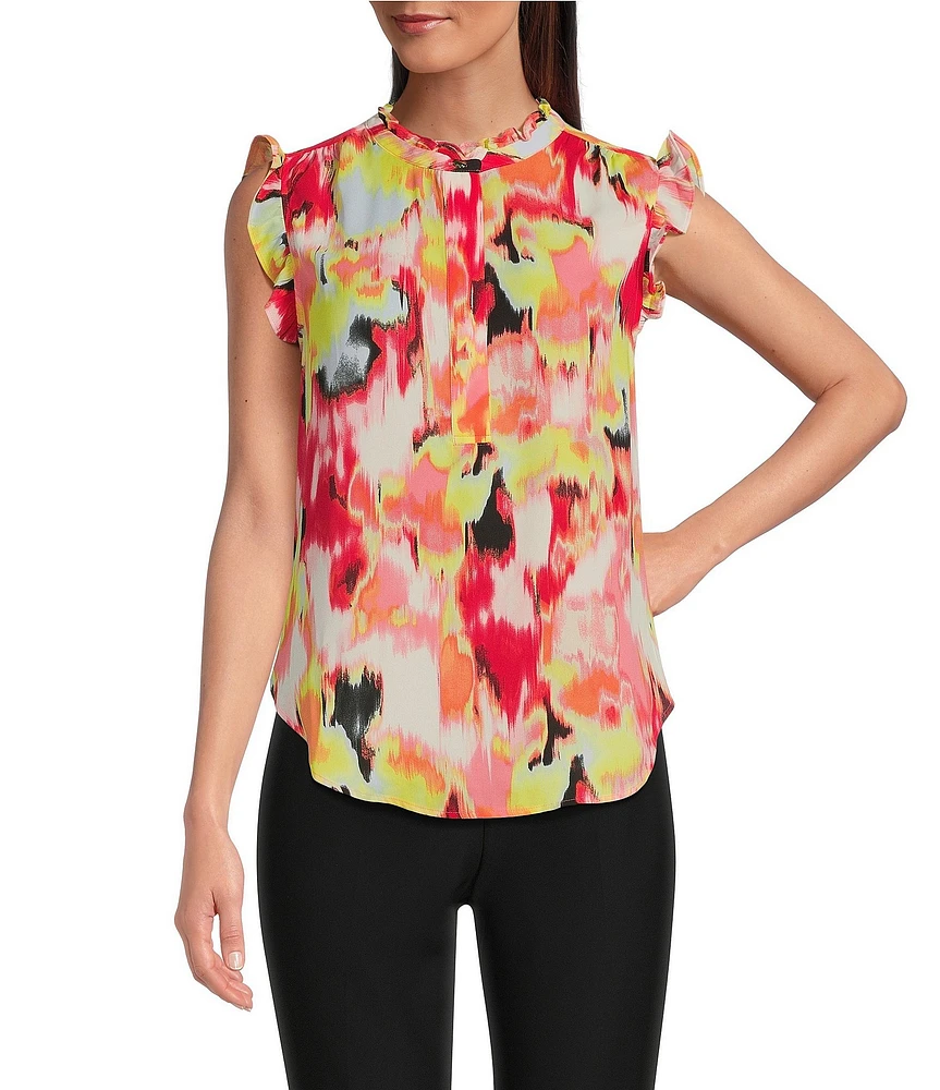 DKNY By Donna Karan Printed Georgette Ruffled Banded Collar Sleeveless Top