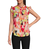 DKNY By Donna Karan Printed Georgette Ruffled Banded Collar Sleeveless Top