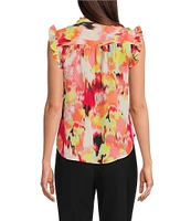 DKNY By Donna Karan Printed Georgette Ruffled Banded Collar Sleeveless Top