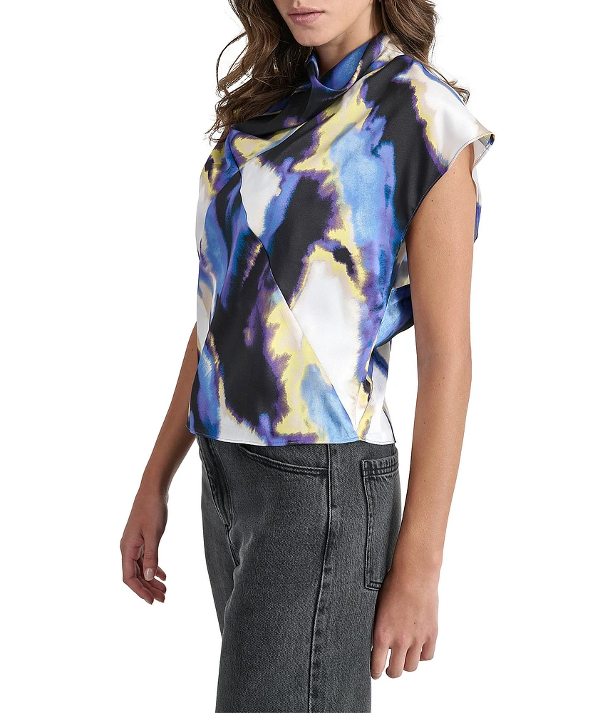 DKNY by Donna Karan Printed High Cowl Neck Short Sleeve Top