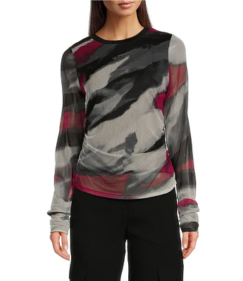 DKNY by Donna Karan Printed Mesh Crew Neck Long Sleeve Top