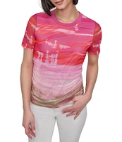 DKNY by Donna Karan Printed Mesh Crew Neck Short Sleeve Ruched Top