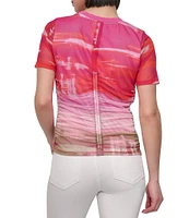 DKNY by Donna Karan Printed Mesh Crew Neck Short Sleeve Ruched Top