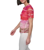 DKNY by Donna Karan Printed Mesh Crew Neck Short Sleeve Ruched Top