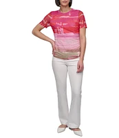 DKNY by Donna Karan Printed Mesh Crew Neck Short Sleeve Ruched Top
