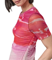 DKNY by Donna Karan Printed Mesh Crew Neck Short Sleeve Ruched Top