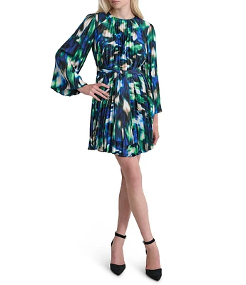 DKNY by Donna Karan Printed Woven Crew Neck Long Sleeve Belted Pleated A-Line Dress