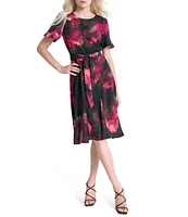 DKNY by Donna Karan Printed Woven Crew Neck Short Godet Sleeve Belted A-Line Dress