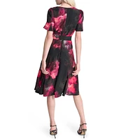 DKNY by Donna Karan Printed Woven Crew Neck Short Godet Sleeve Belted A-Line Dress