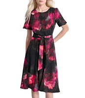 DKNY by Donna Karan Printed Woven Crew Neck Short Godet Sleeve Belted A-Line Dress