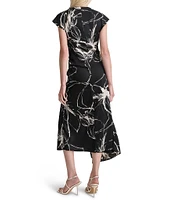 DKNY by Donna Karan Printed Woven Mock Neck Short Sleeve Asymmetrical Hem A-Line Dress