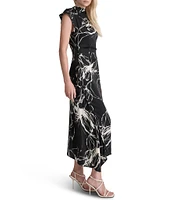 DKNY by Donna Karan Printed Woven Mock Neck Short Sleeve Asymmetrical Hem A-Line Dress