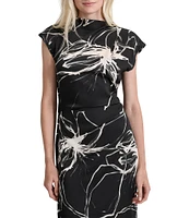 DKNY by Donna Karan Printed Woven Mock Neck Short Sleeve Asymmetrical Hem A-Line Dress