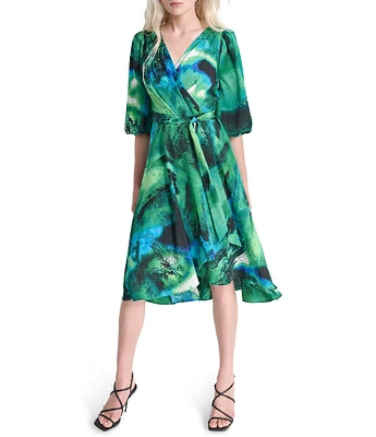 DKNY by Donna Karan Printed Woven Surplice V-Neck Balloon Sleeve Belted Faux Wrap Midi Dress