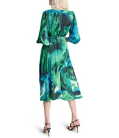 DKNY by Donna Karan Printed Woven Surplice V-Neck Balloon Sleeve Belted Faux Wrap Midi Dress