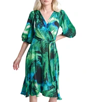 DKNY by Donna Karan Printed Woven Surplice V-Neck Balloon Sleeve Belted Faux Wrap Midi Dress