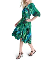 DKNY by Donna Karan Printed Woven Surplice V-Neck Balloon Sleeve Belted Faux Wrap Midi Dress