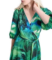 DKNY by Donna Karan Printed Woven Surplice V-Neck Balloon Sleeve Belted Faux Wrap Midi Dress