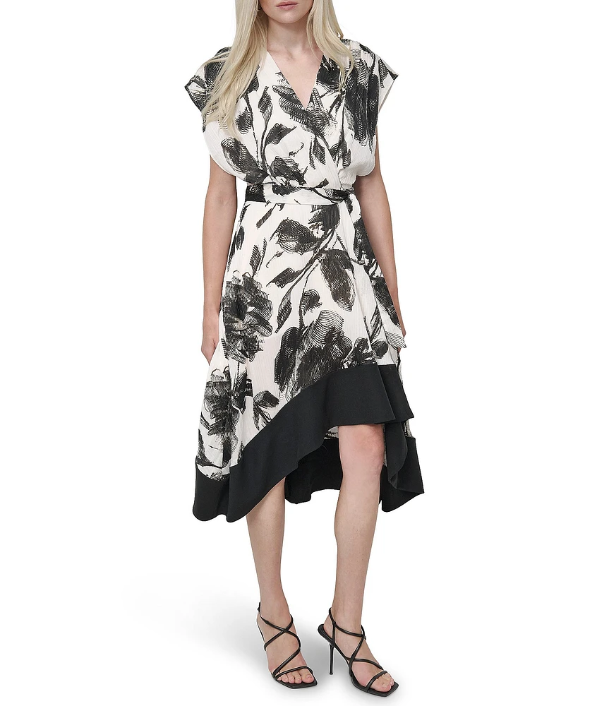 DKNY by Donna Karan Printed Woven Surplice V-Neck Cap Sleeve Asymmetrical A-Line Dress