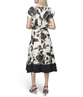 DKNY by Donna Karan Printed Woven Surplice V-Neck Cap Sleeve Asymmetrical A-Line Dress