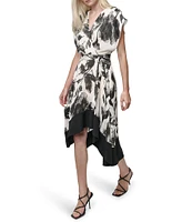 DKNY by Donna Karan Printed Woven Surplice V-Neck Cap Sleeve Asymmetrical A-Line Dress