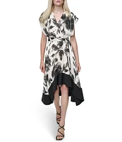 DKNY by Donna Karan Printed Woven Surplice V-Neck Cap Sleeve Asymmetrical A-Line Dress