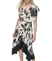 DKNY by Donna Karan Printed Woven Surplice V-Neck Cap Sleeve Asymmetrical A-Line Dress