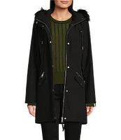 DKNY by Donna Karan Removable Faux Fur Hooded Stand Collar Water Resistant Font Zip Coat