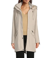 DKNY by Donna Karan Removable Faux Fur Hooded Stand Collar Water Resistant Font Zip Coat