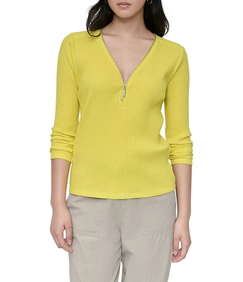 DKNY by Donna Karan Ribbed Knit Zip-Up V-Neck Long Sleeve Top