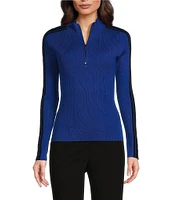 DKNY by Donna Karan Ribbed Stripe Detail Quarter Zip Mock Neck Long Sleeve Sweater